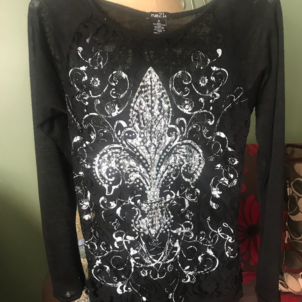 Black sheer embellished top. Long sleeve